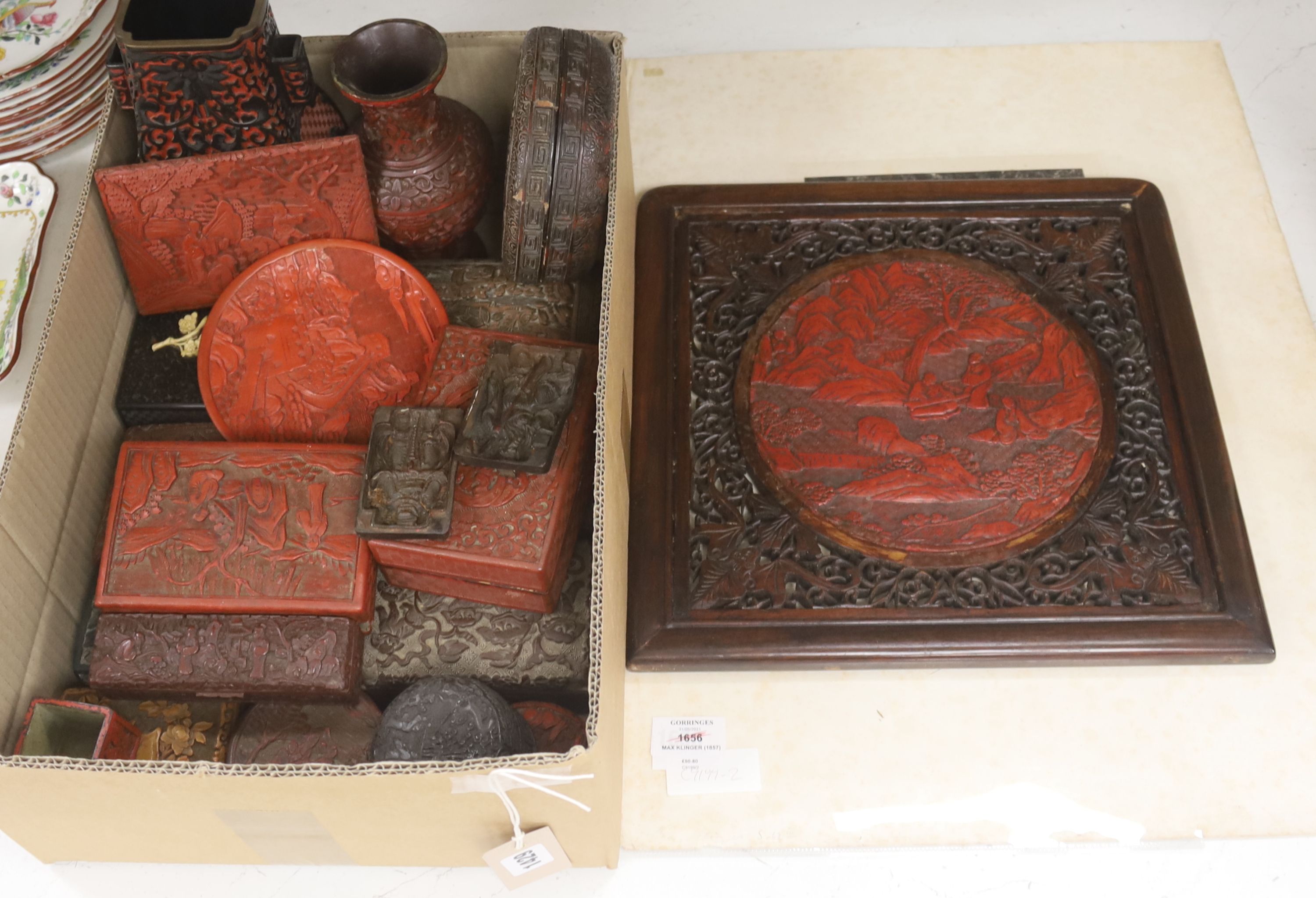 An assortment of Chinese cinnabar lacquer and other later boxes, to include a pair decorated with bears in woodland, largest 17 x 10cm (6)